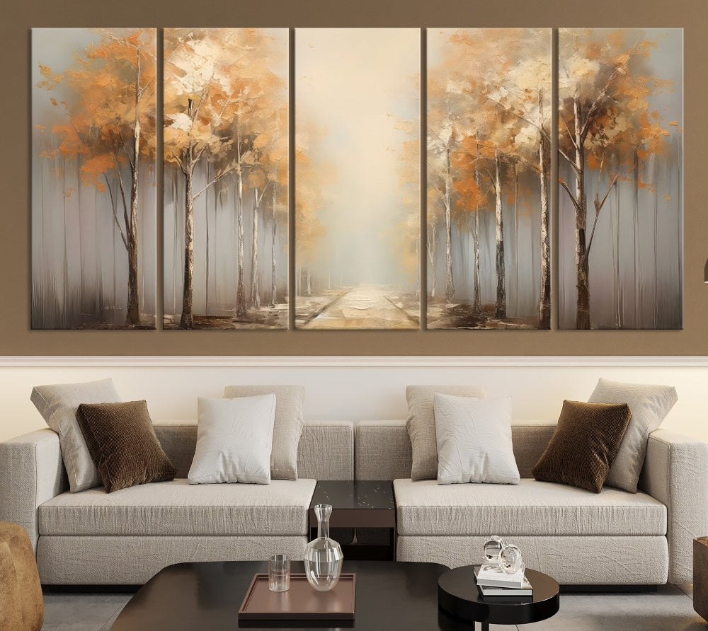 Foggy Landscape Painting Yellow Trees Canvas Wall Art Print for Living Room