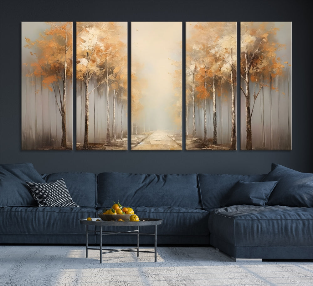 Foggy Landscape Painting Yellow Trees Canvas Wall Art Print for Living Room