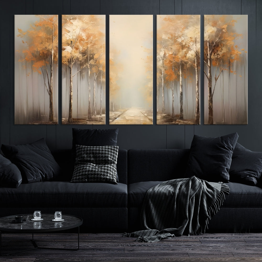 Foggy Landscape Painting Yellow Trees Canvas Wall Art Print for Living Room