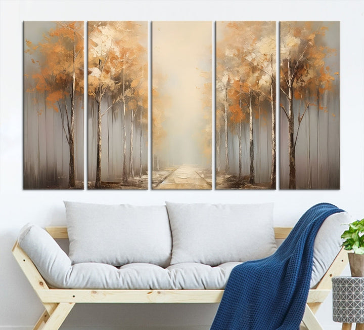 Foggy Landscape Painting Yellow Trees Canvas Wall Art Print for Living Room