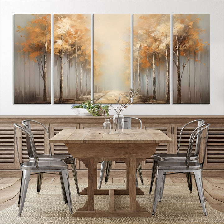 Foggy Landscape Painting Yellow Trees Canvas Wall Art Print for Living Room