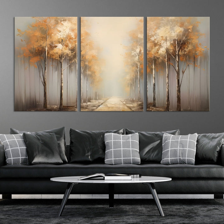 Foggy Landscape Painting Yellow Trees Canvas Wall Art Print for Living Room