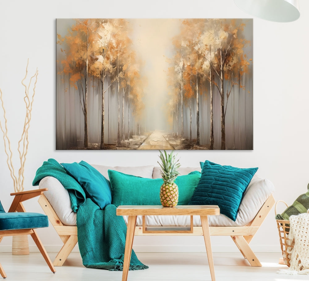 Foggy Landscape Painting Yellow Trees Canvas Wall Art Print for Living Room