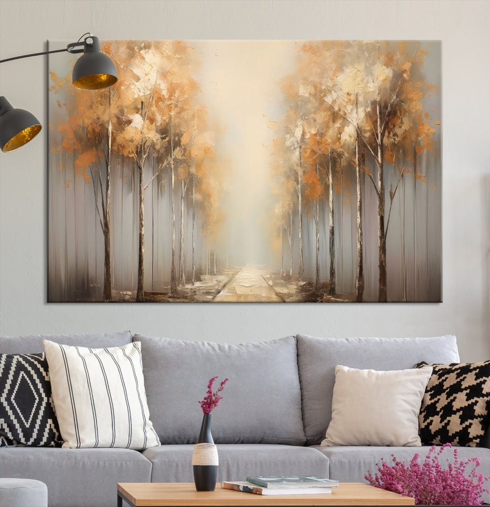 Foggy Landscape Painting Yellow Trees Canvas Wall Art Print for Living Room