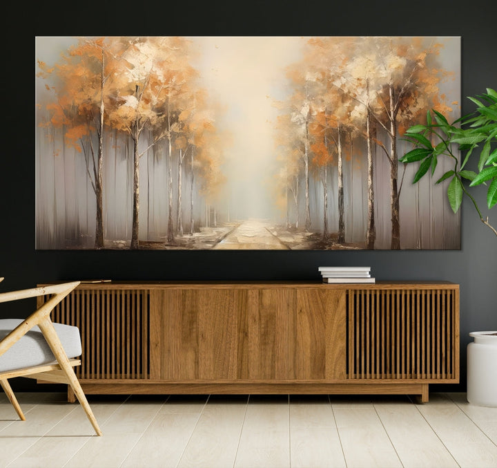 Foggy Landscape Painting Yellow Trees Canvas Wall Art Print for Living Room