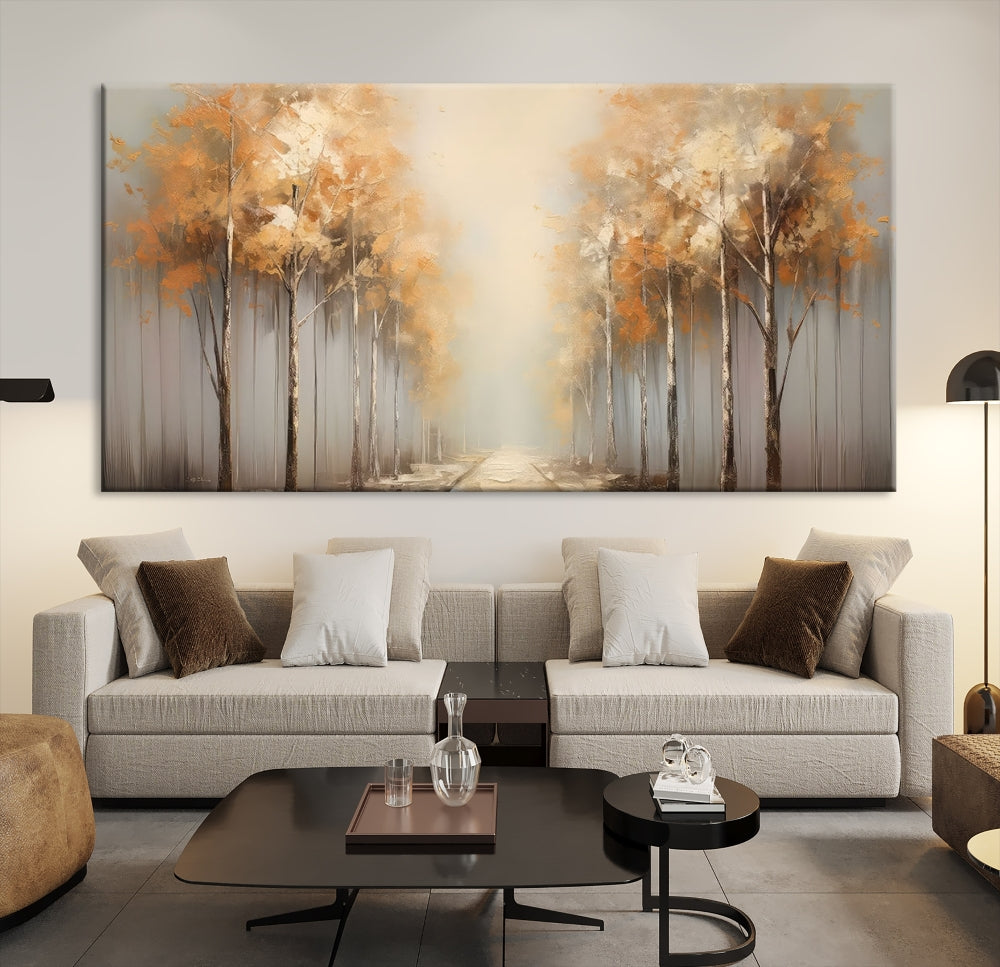 Foggy Landscape Painting Yellow Trees Canvas Wall Art Print for Living Room