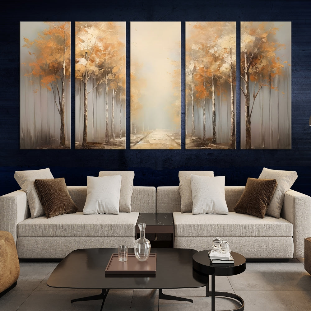 Foggy Landscape Painting Yellow Trees Canvas Wall Art Print for Living Room