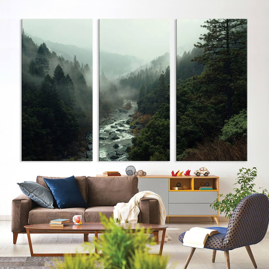 Foggy Mountain Forest River Wall Art Canvas Print - Serene 3 Panel Landscape Design for Dining Room, Office, or Bedroom, Ready to Hang