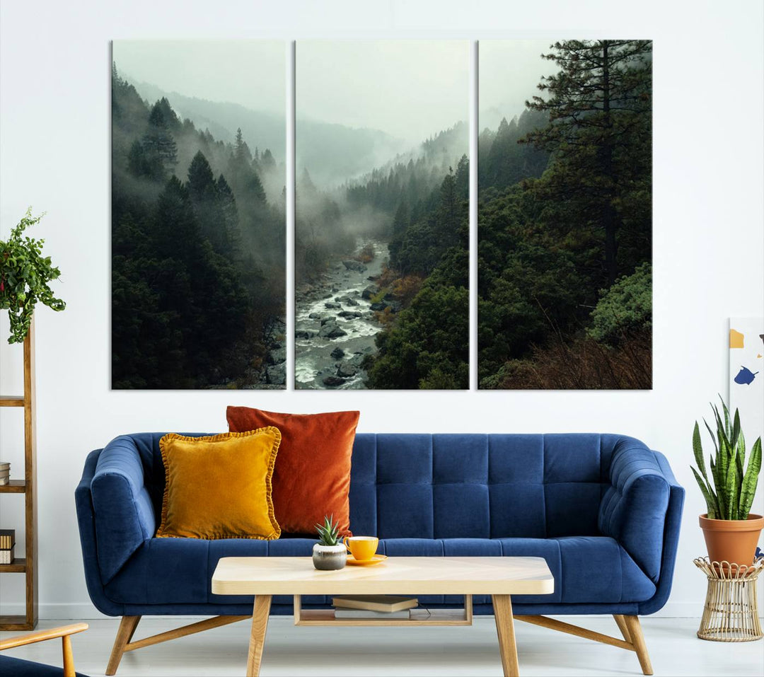 Foggy Mountain Forest River Wall Art Canvas Print - Serene 3 Panel Landscape Design for Dining Room, Office, or Bedroom, Ready to Hang