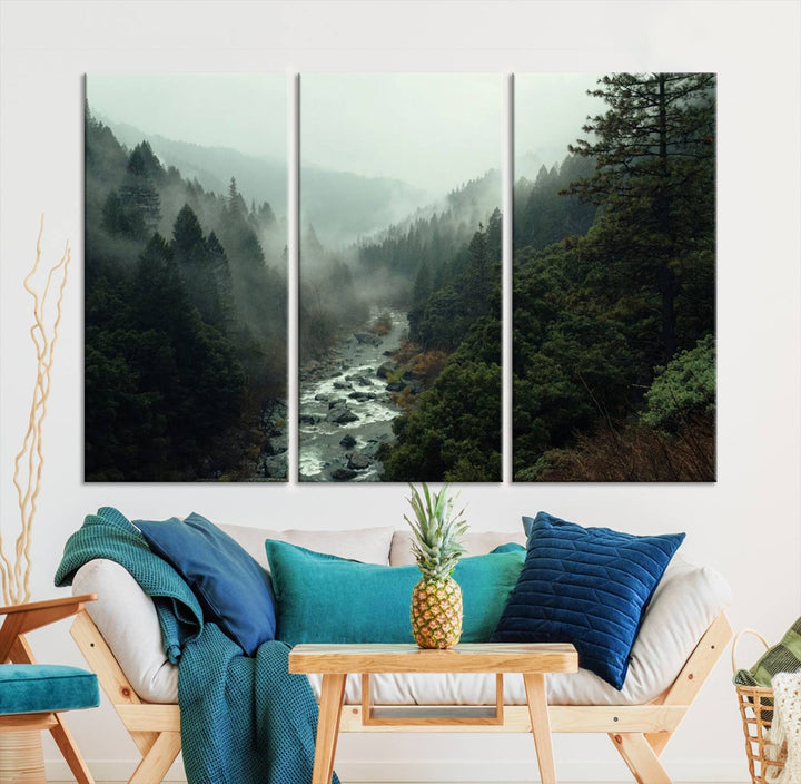 Foggy Mountain Forest River Wall Art Canvas Print - Serene 3 Panel Landscape Design for Dining Room, Office, or Bedroom, Ready to Hang