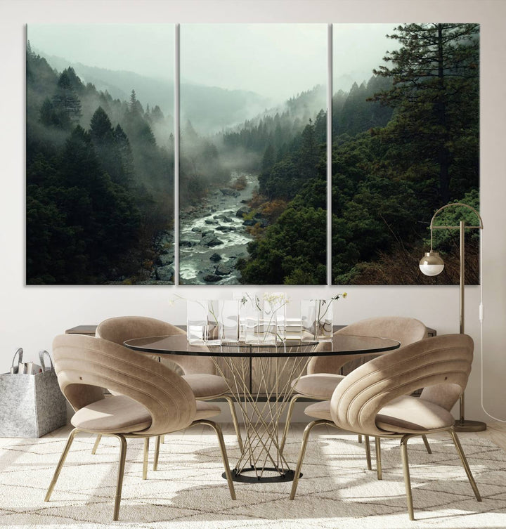 Foggy Mountain Forest River Wall Art Canvas Print - Serene 3 Panel Landscape Design for Dining Room, Office, or Bedroom, Ready to Hang