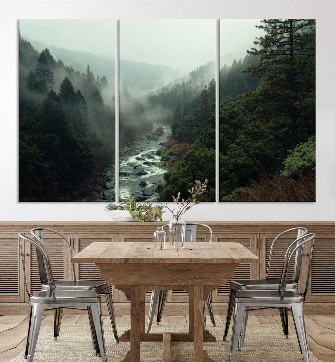 Foggy Mountain Forest River Wall Art Canvas Print - Serene 3 Panel Landscape Design for Dining Room, Office, or Bedroom, Ready to Hang