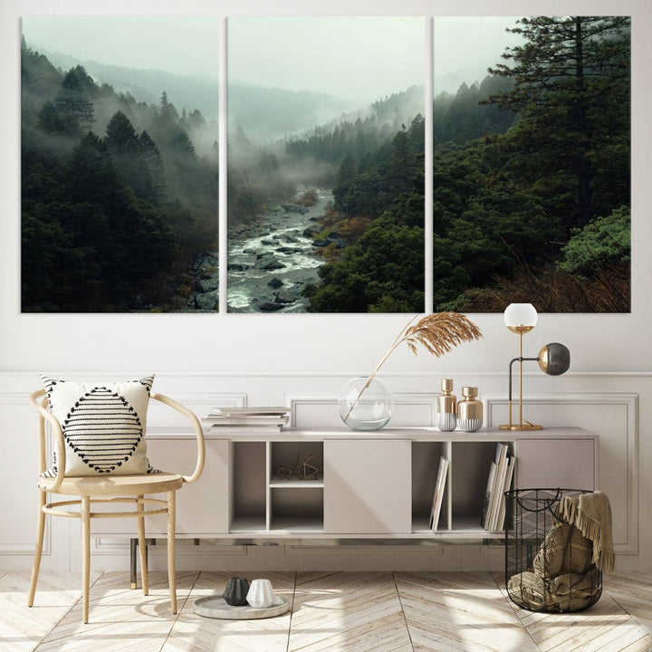 Foggy Mountain Forest River Wall Art Canvas Print - Serene 3 Panel Landscape Design for Dining Room, Office, or Bedroom, Ready to Hang