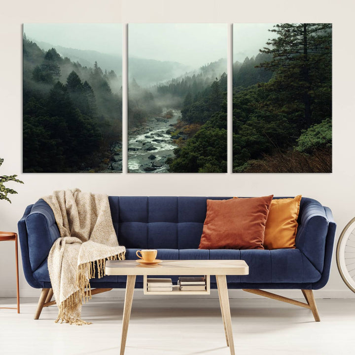 Foggy Mountain Forest River Wall Art Canvas Print - Serene 3 Panel Landscape Design for Dining Room, Office, or Bedroom, Ready to Hang