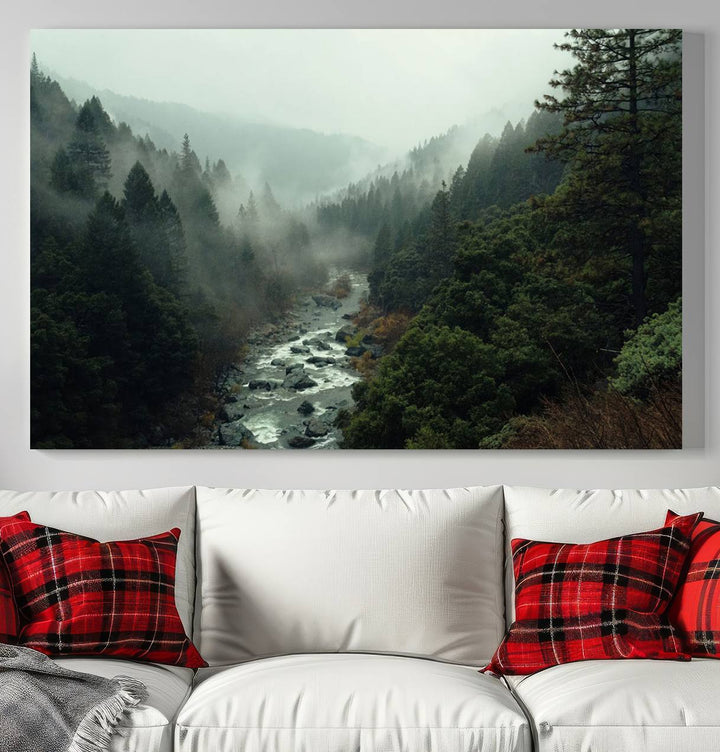 Foggy Mountain Forest River Wall Art Canvas Print - Serene 3 Panel Landscape Design for Dining Room, Office, or Bedroom, Ready to Hang