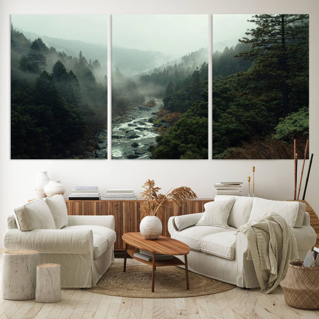 Foggy Mountain Forest River Wall Art Canvas Print - Serene 3 Panel Landscape Design for Dining Room, Office, or Bedroom, Ready to Hang