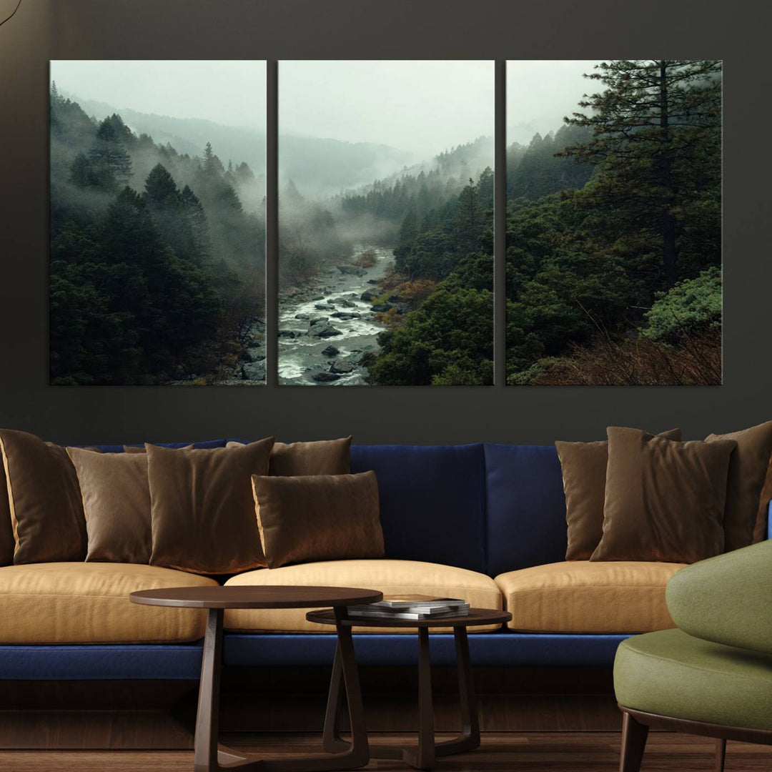 Foggy Mountain Forest River Wall Art Canvas Print - Serene 3 Panel Landscape Design for Dining Room, Office, or Bedroom, Ready to Hang