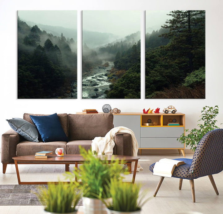 Foggy Mountain Forest River Wall Art Canvas Print - Serene 3 Panel Landscape Design for Dining Room, Office, or Bedroom, Ready to Hang