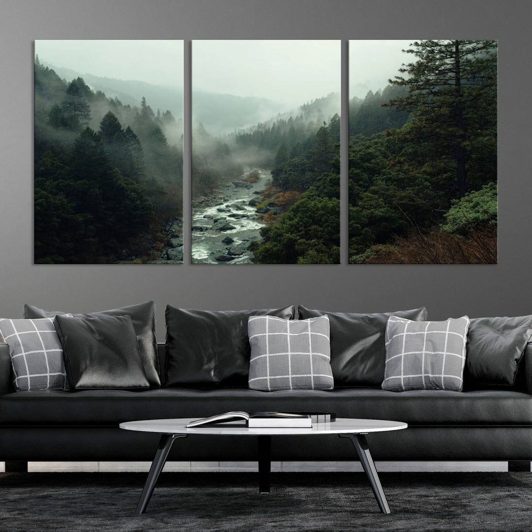 Foggy Mountain Forest River Wall Art Canvas Print - Serene 3 Panel Landscape Design for Dining Room, Office, or Bedroom, Ready to Hang