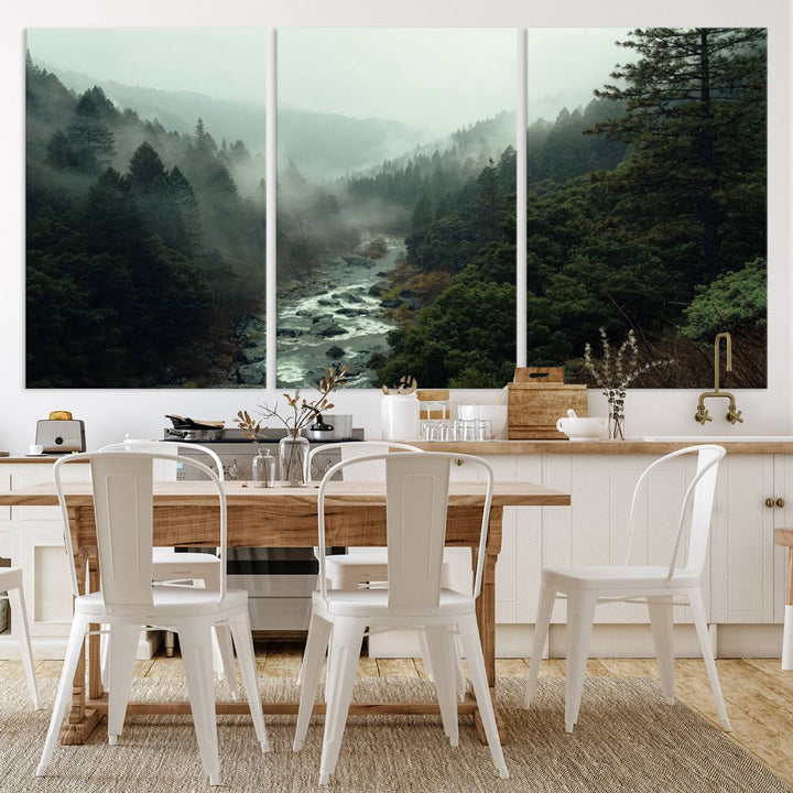 Foggy Mountain Forest River Wall Art Canvas Print - Serene 3 Panel Landscape Design for Dining Room, Office, or Bedroom, Ready to Hang