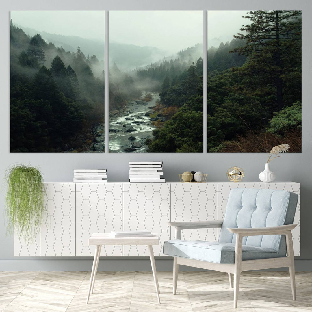 Foggy Mountain Forest River Wall Art Canvas Print - Serene 3 Panel Landscape Design for Dining Room, Office, or Bedroom, Ready to Hang