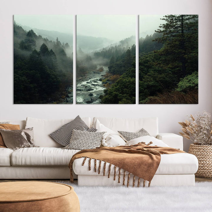 Foggy Mountain Forest River Wall Art Canvas Print - Serene 3 Panel Landscape Design for Dining Room, Office, or Bedroom, Ready to Hang