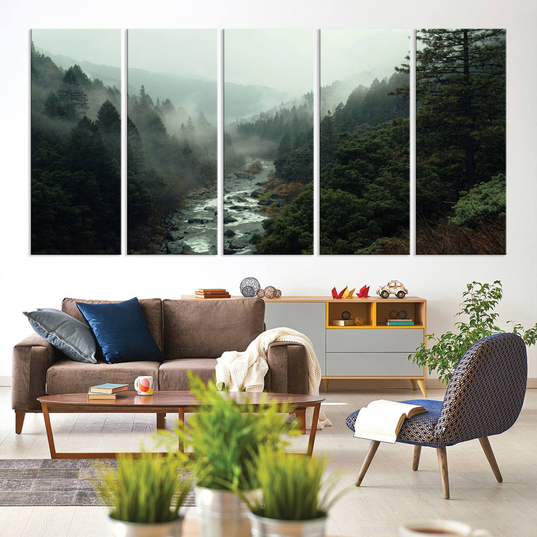 Foggy Mountain Forest River Wall Art Canvas Print - Serene 3 Panel Landscape Design for Dining Room, Office, or Bedroom, Ready to Hang