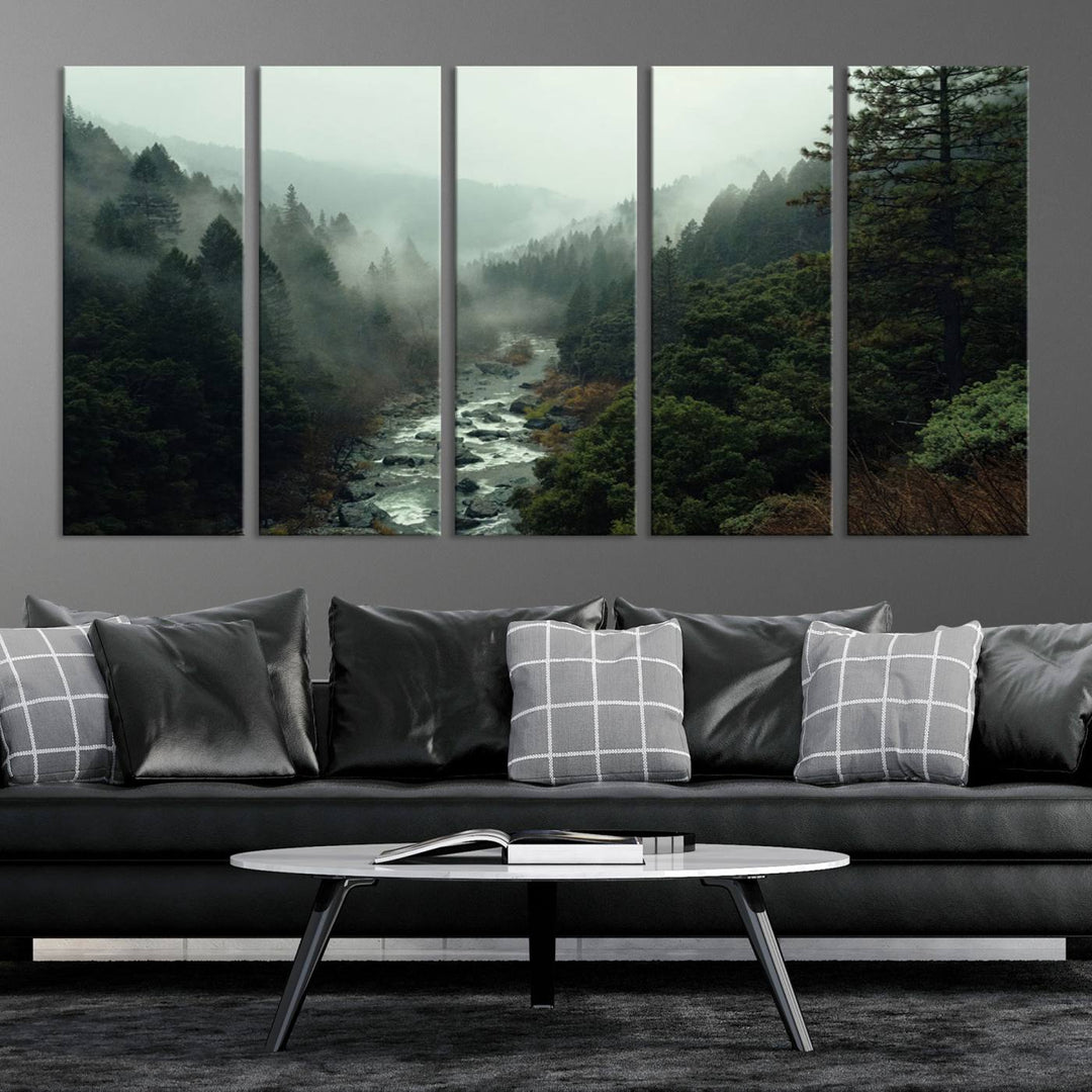 Foggy Mountain Forest River Wall Art Canvas Print - Serene 3 Panel Landscape Design for Dining Room, Office, or Bedroom, Ready to Hang