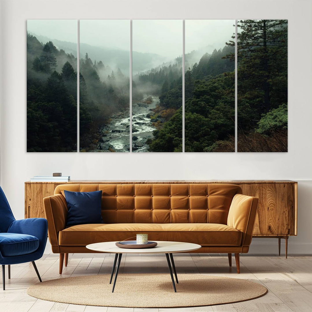 Foggy Mountain Forest River Wall Art Canvas Print - Serene 3 Panel Landscape Design for Dining Room, Office, or Bedroom, Ready to Hang