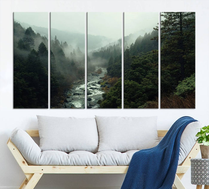 Foggy Mountain Forest River Wall Art Canvas Print - Serene 3 Panel Landscape Design for Dining Room, Office, or Bedroom, Ready to Hang