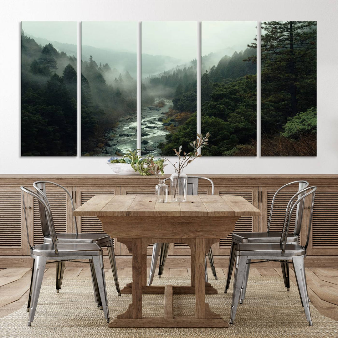 Foggy Mountain Forest River Wall Art Canvas Print - Serene 3 Panel Landscape Design for Dining Room, Office, or Bedroom, Ready to Hang