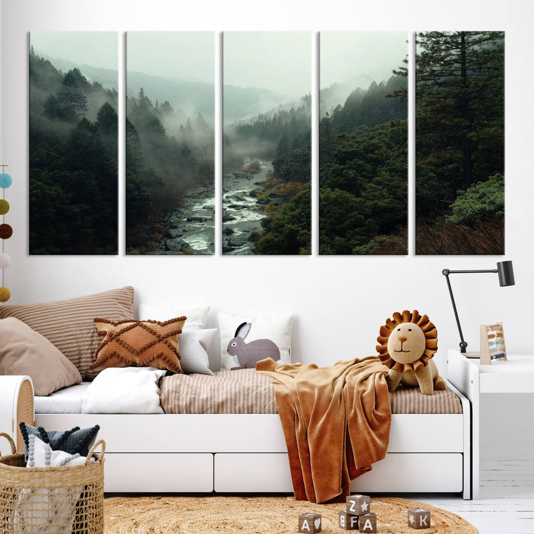 Foggy Mountain Forest River Wall Art Canvas Print - Serene 3 Panel Landscape Design for Dining Room, Office, or Bedroom, Ready to Hang