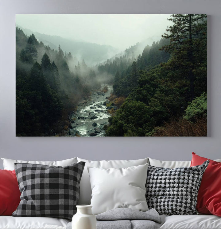 Foggy Mountain Forest River Wall Art Canvas Print - Serene 3 Panel Landscape Design for Dining Room, Office, or Bedroom, Ready to Hang