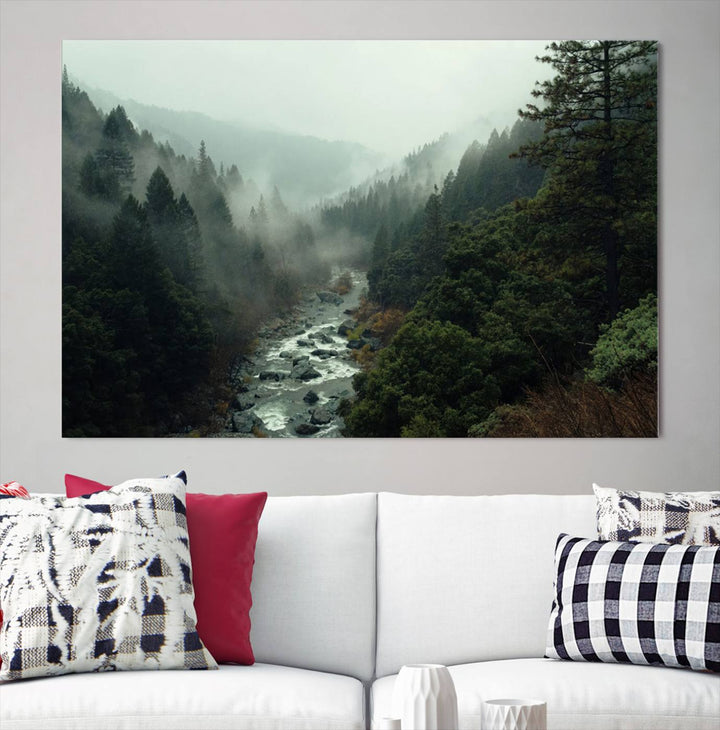 Foggy Mountain Forest River Wall Art Canvas Print - Serene 3 Panel Landscape Design for Dining Room, Office, or Bedroom, Ready to Hang