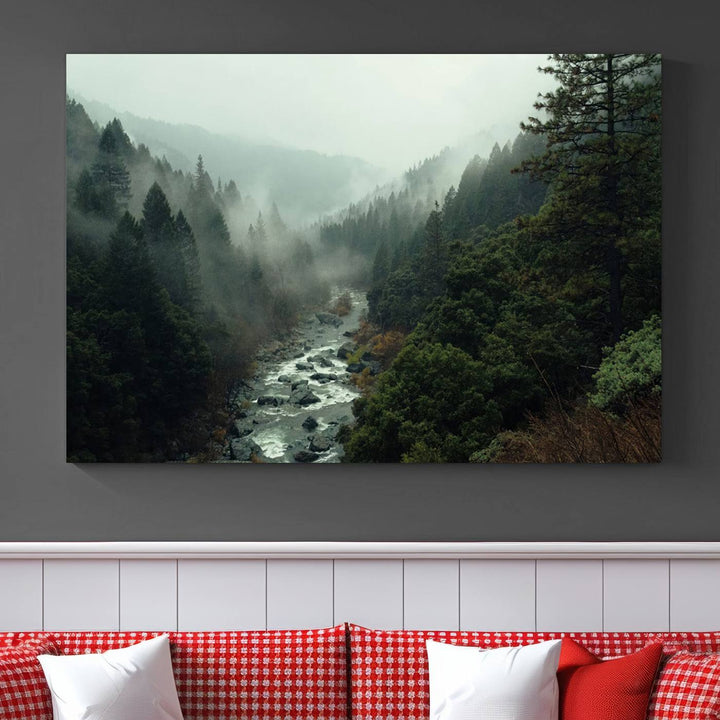 Foggy Mountain Forest River Wall Art Canvas Print - Serene 3 Panel Landscape Design for Dining Room, Office, or Bedroom, Ready to Hang