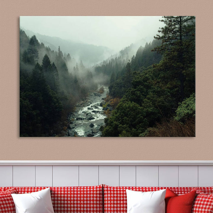 Foggy Mountain Forest River Wall Art Canvas Print - Serene 3 Panel Landscape Design for Dining Room, Office, or Bedroom, Ready to Hang