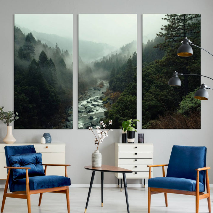 Foggy Mountain Forest River Wall Art Canvas Print - Serene 3 Panel Landscape Design for Dining Room, Office, or Bedroom, Ready to Hang