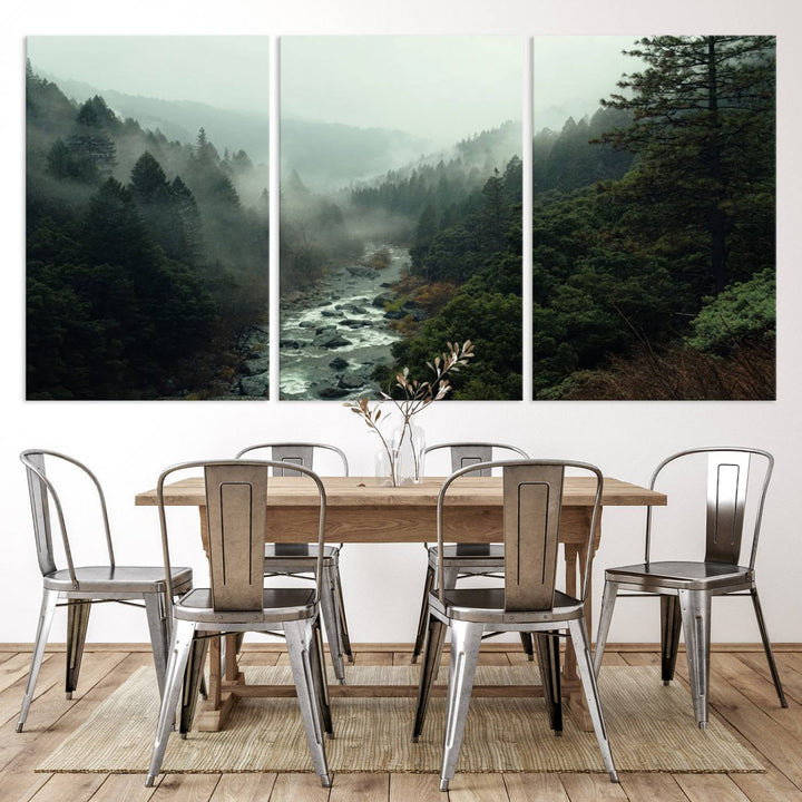 Foggy Mountain Forest River Wall Art Canvas Print - Serene 3 Panel Landscape Design for Dining Room, Office, or Bedroom, Ready to Hang