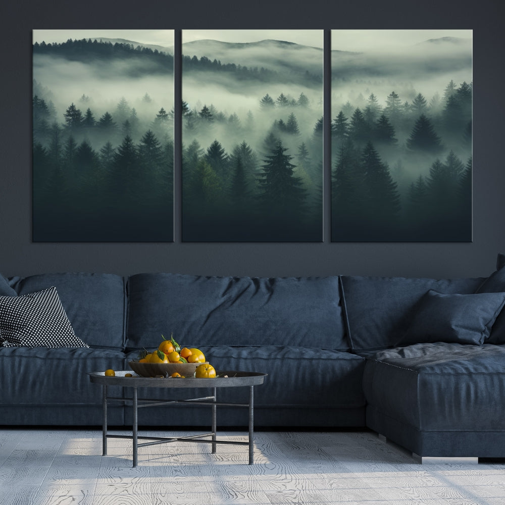 Foggy Pine Forest Canvas Wall Art Misty Landscape Print Framed Set of Panel Large Wall Decor