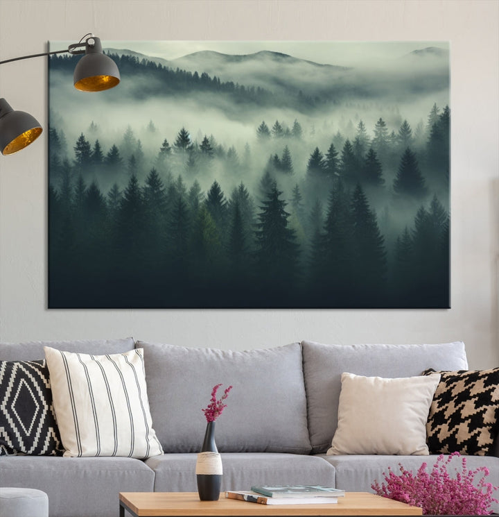 Foggy Pine Forest Canvas Wall Art Misty Landscape Print Framed Set of Panel Large Wall Decor