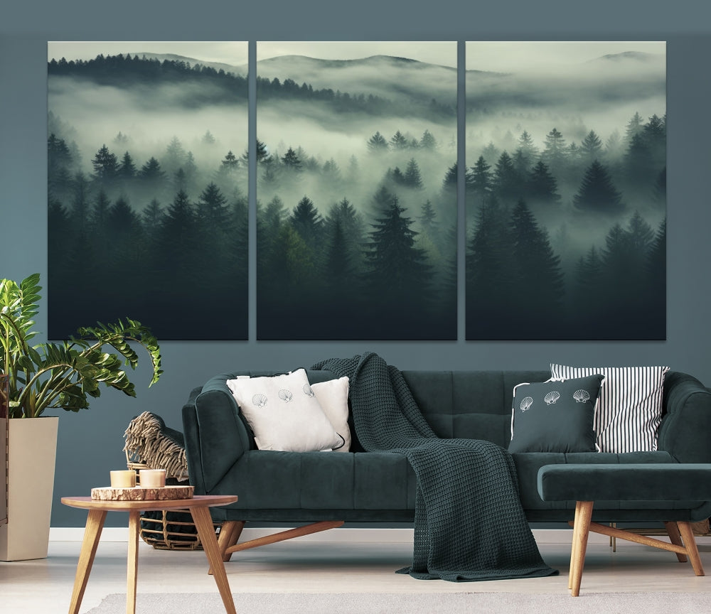 Foggy Pine Forest Canvas Wall Art Misty Landscape Print Framed Set of Panel Large Wall Decor