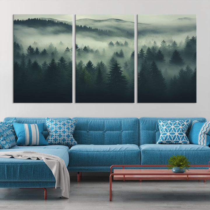 Foggy Pine Forest Canvas Wall Art Misty Landscape Print Framed Set of Panel Large Wall Decor