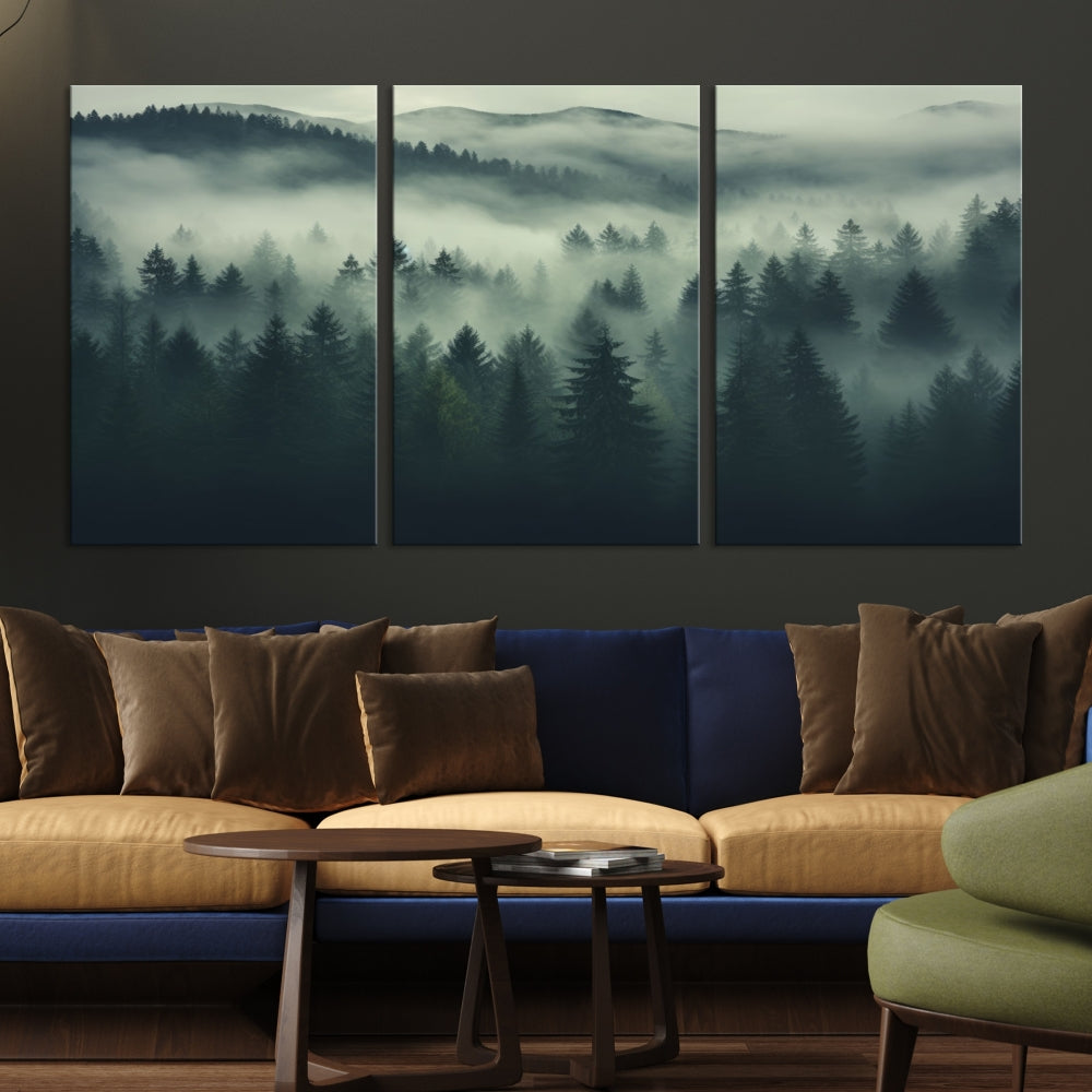 Foggy Pine Forest Canvas Wall Art Misty Landscape Print Framed Set of Panel Large Wall Decor