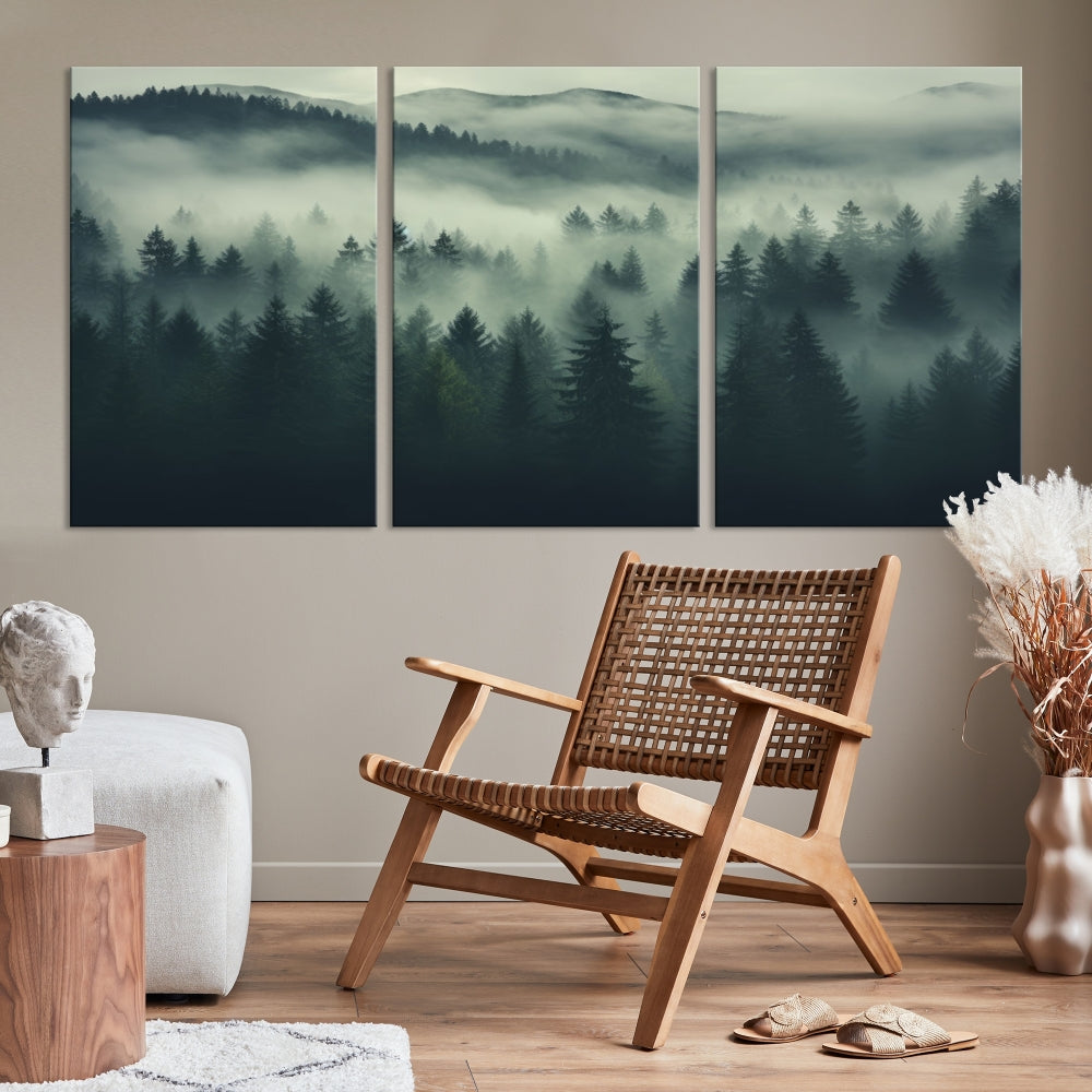 Foggy Pine Forest Canvas Wall Art Misty Landscape Print Framed Set of Panel Large Wall Decor