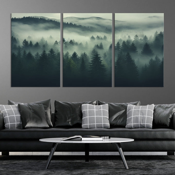 Foggy Pine Forest Canvas Wall Art Misty Landscape Print Framed Set of Panel Large Wall Decor