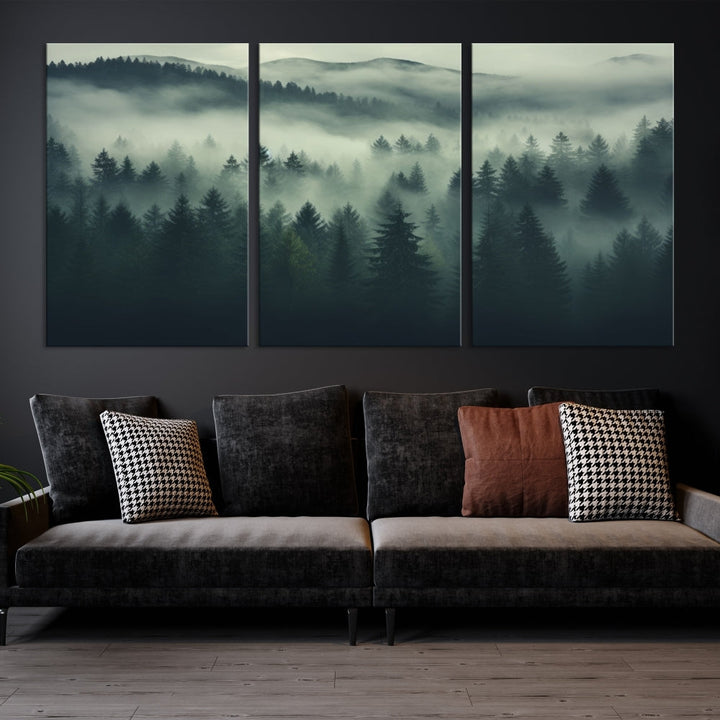 Foggy Pine Forest Canvas Wall Art Misty Landscape Print Framed Set of Panel Large Wall Decor