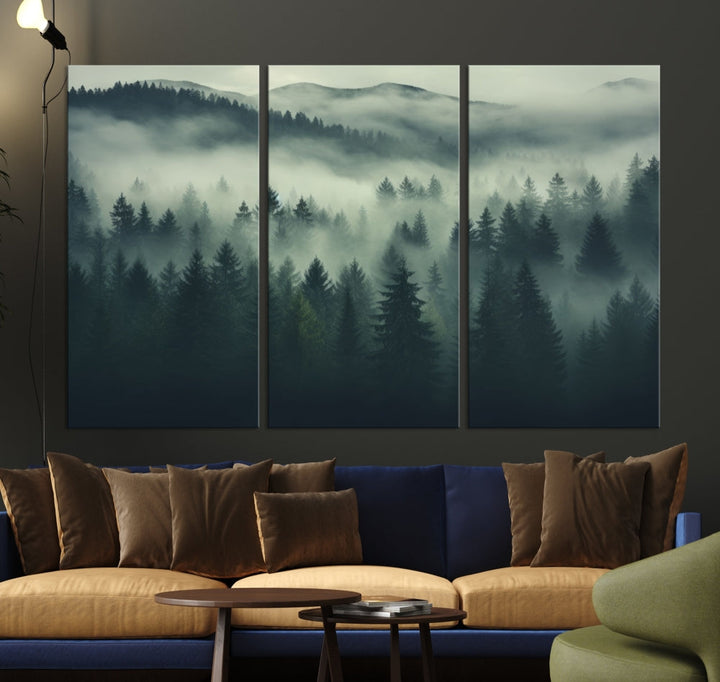 Foggy Pine Forest Canvas Wall Art Misty Landscape Print Framed Set of Panel Large Wall Decor