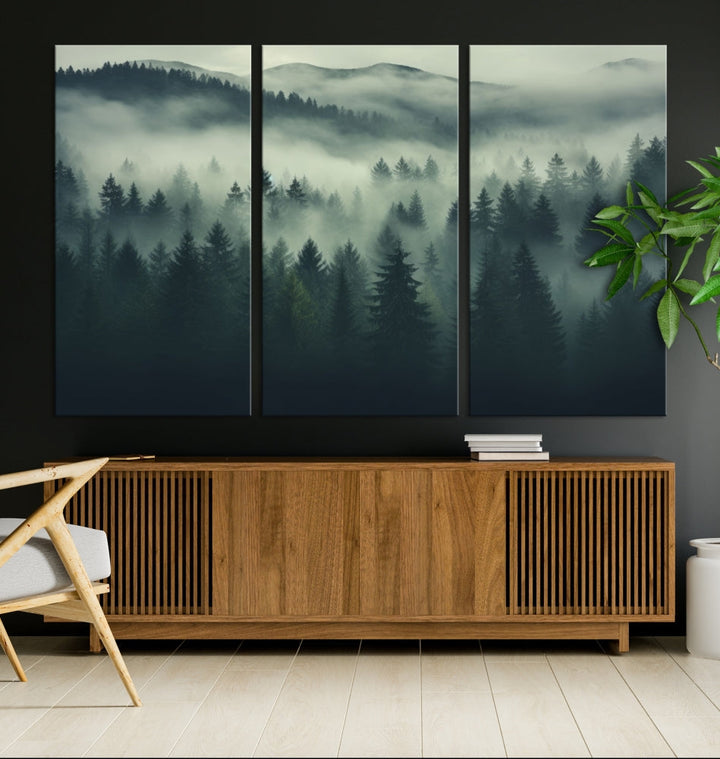 Foggy Pine Forest Canvas Wall Art Misty Landscape Print Framed Set of Panel Large Wall Decor