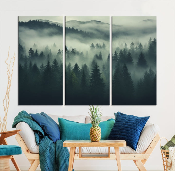 Foggy Pine Forest Canvas Wall Art Misty Landscape Print Framed Set of Panel Large Wall Decor