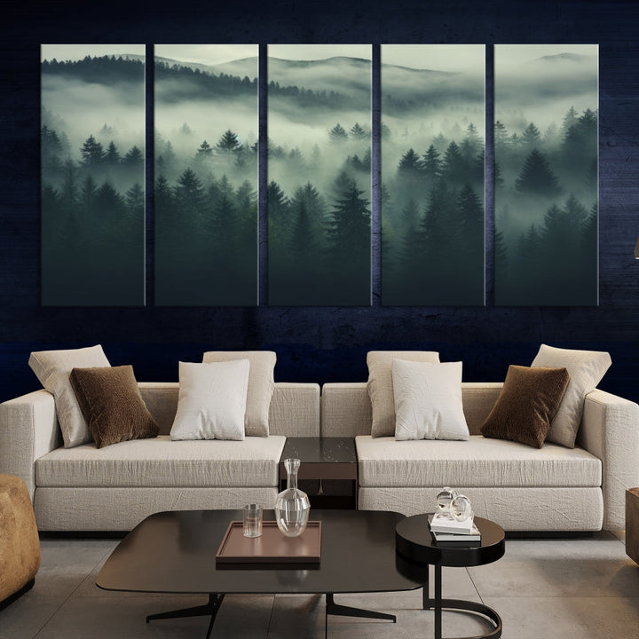 Foggy Pine Forest Canvas Wall Art Misty Landscape Print Framed Set of Panel Large Wall Decor